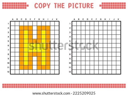 Copy the picture, complete the grid image. Educational worksheets drawing with squares, coloring cell areas. Preschool activities, children's games. Cartoon vector illustration, pixel art. Letter H.