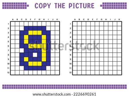 Copy the picture, complete the grid image. Educational worksheets drawing with squares, coloring cell areas. Preschool activities, children's games. Cartoon vector illustration, pixel art. Number 9.