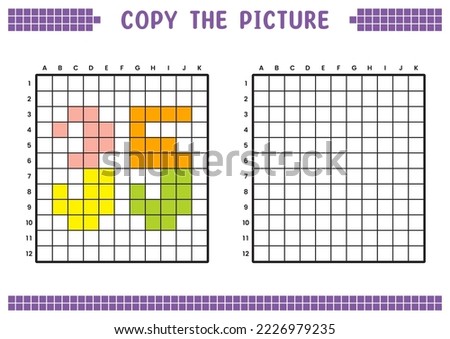 Copy the picture, complete the grid image. Educational worksheets drawing with squares, coloring cell areas. Preschool activities, children's games. Cartoon vector illustration, pixel art. Number 35.