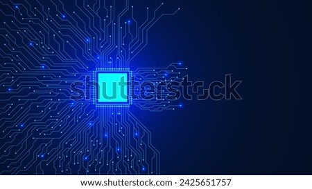 Microchip with electronic circuit board on dark blue background. Central computer processors cpu and motherboard digital chip design concept. Vector illustration.