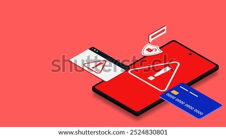 Mobile fraud warning concept with smartphone and credit or debit card isometric. Internet phishing, online scam alert and cyber fraud warning. Vector illustration.