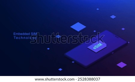 eSIM or Embedded SIM card with smartphone isometric on dark blue background. Mobile device with a chip eSIM for new mobile communication technology concept. Vector illustration