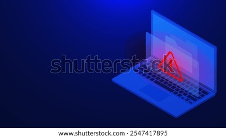 Document folder with warning of virus malware and cybercrime. Hacking online fraud on isometric laptop on dark blue background. Vector illustration