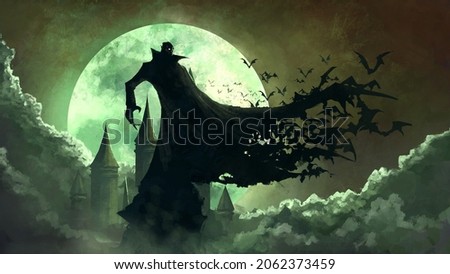 Dracula stands on a rock, his cloak fluttering in the wind. In the background is a gloomy castle, a full moon and clouds. 2D illustration, digital art style, illustration painting