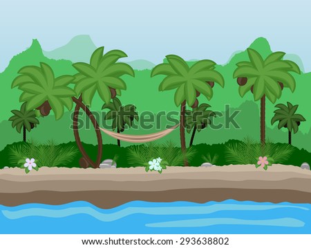 Vector Seamless cartoon nature landscape, unending tropical background with beach with palm trees, coconuts, exotic flowers and multiple levels mountains and bushes
