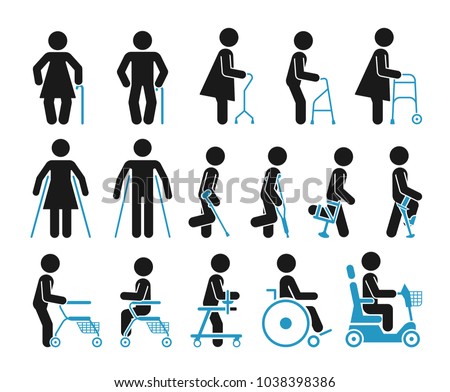 Pictograms that represent handicapped, elderly and injured people who use orthopedic accessories and wheel chair to help them move.