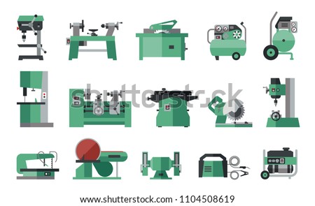 Flat icon collection of electric machine tools  for wood, metal, plastic, stone, etc. Machines used in production in various types of industry.  
