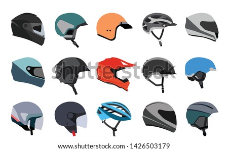 Set of racing helmets on a white background. Racing helmets for car, motorcycle and bicycle. Head protection. 