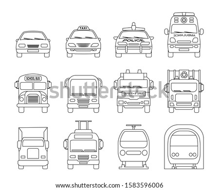 Collection of signs presenting different modes of transport on land. Set of front view line icons of police car, ambulance car, train, metro, taxi car, garbage collector, school bus, truck.