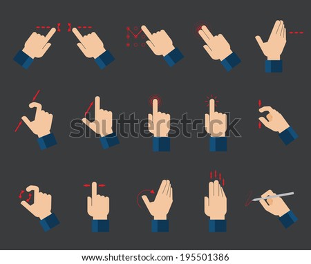Set of flat hand  icons showing commonly used multi-touch gestures for  touchscreen tablets or smartphones 