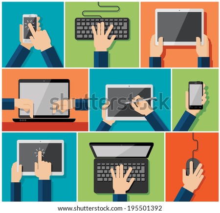 Vector set of flat hand icons holding various hi-tech computer and communication devices