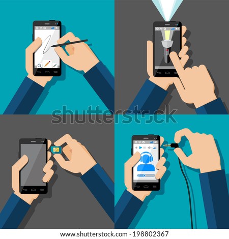 Hands holding touchscreen smartphones. Drawing, flash light, music, sim card. Vector illustration.