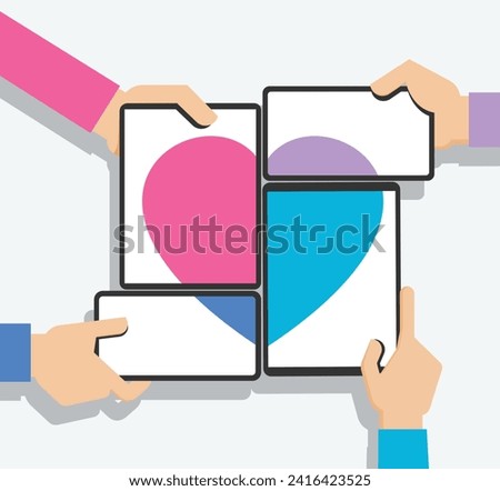 Hands hold a tablet and mobile phone. Concept of modern communication devices and heart symbol.