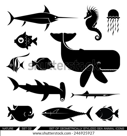 Set of various sea animal icons: Whale, hammerhead shark, swordfish, piranha, seahorse, fish. Vector illustration.