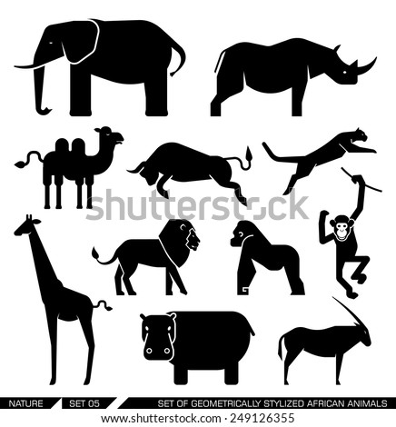 Set of various African animal icons: elephant, rhino, hippo, lion, puma, camel, bull, giraffe, monkey, gorilla. Vector illustration.