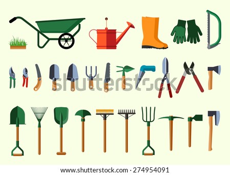 Set of various gardening items. Garden tools. Flat design illustration of items for gardening. Vector illustration. 