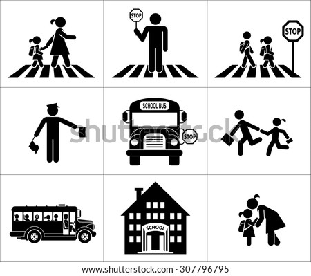 Safety of children in traffic. Children go to school. Pictogram icon set. Crossing the street.