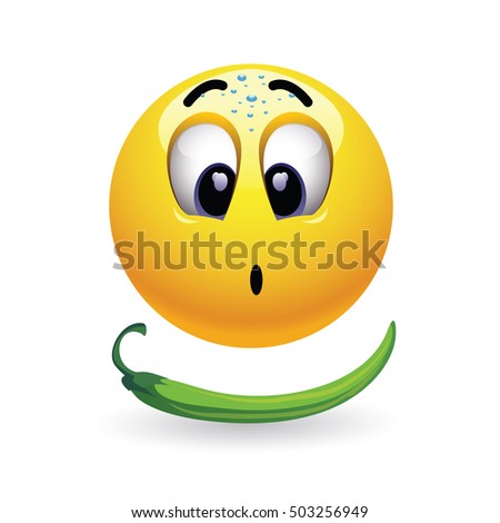 Very hot chili pepper causing pain and fear with smiley who eats it. Humoristic vector illustration. Hot pepper challenge