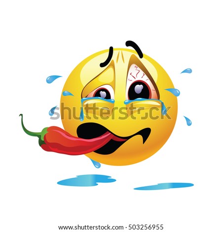 Very hot chili pepper causing pain and fear with smiley who eats it. Humoristic vector illustration. Shock because of the first bite. Smileys eating chili. Making funny faces.
