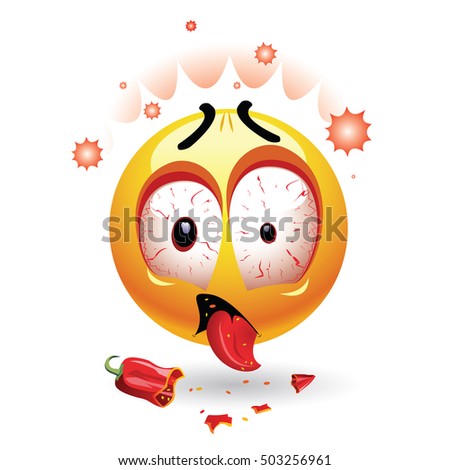 Very hot chili pepper causing pain and fear with smiley who eats it. Humoristic vector illustration. Smileys eating chili. Making funny faces. Shock because of the first bite.
