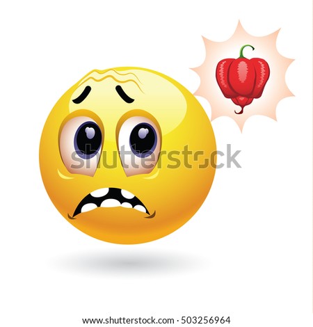 Very hot chili pepper causing pain and fear with smiley who eats it. Humoristic vector illustration. Hot pepper challenge.