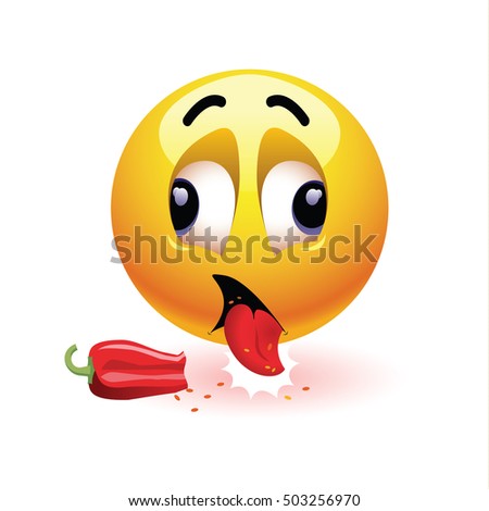Very hot chili pepper causing pain and fear with smiley who eats it. Humoristic vector illustration. Smileys eating chili. Making funny faces. Shock because of the first bite. 
