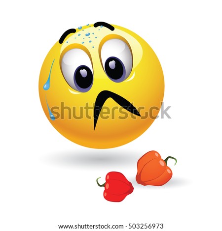 Very hot chili pepper causing pain and fear with smiley who eats it. Humoristic vector illustration. Hot pepper challenge.