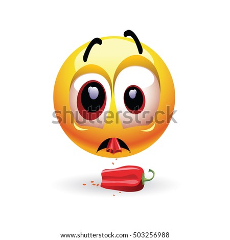 Very hot chili pepper causing pain and fear with smiley who eats it. Humoristic vector illustration. Shock because of the first bite. Hot pepper challenge.