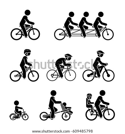 Set of pictograms presenting people riding various types of bicycles.