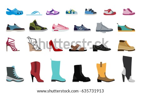 Collection Men's, Women's and children's footwear. Stylish and fashionable shoes, sandals and boots. Flat design vector illustration.
