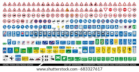 Collection of warning, mandatory, prohibition and information traffic signs. European traffic signs collection. Vector illustration. 