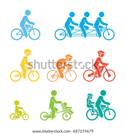 Set of pictograms presenting people riding various types of bicycles. Set of icons representing various types of bikes.