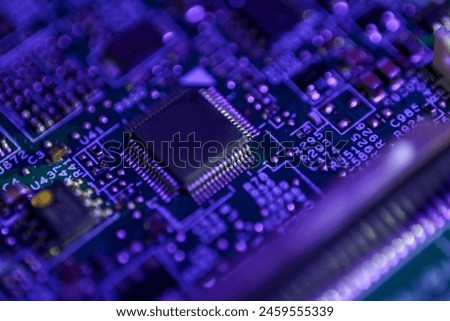 Similar – Image, Stock Photo Electronic circuit board. Semiconductor motherboard circuit board technology. Mainboard of computer. Integrated semiconductor microchip on green circuit board. Hi-tech industry and computer science.