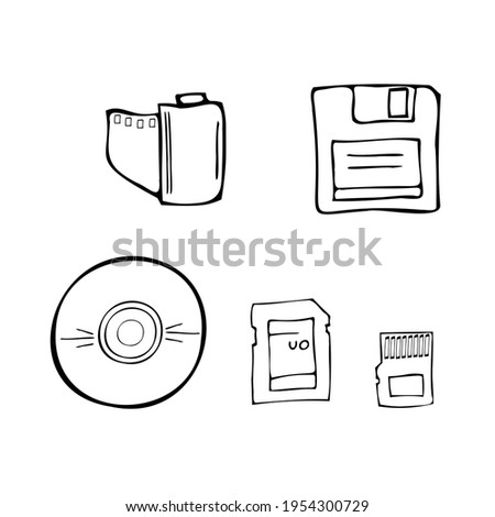 A set of external storage media: floppy disk, CD or DVD disc, Micro SD memory card, photographic film.