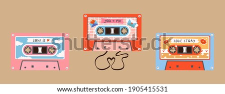 Vector set of three retro vintage cassettes for Valentine's Day. Audio cassettes of love. Love songs, love audio recordings. A tape recording of a love story. Each cassette is isolated.