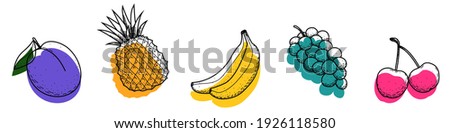 A set of colorful isolated fruit icons on a white background. Plum, pineapple, banana, grape, cherry. Fruit doodle with black outline and abstract colored shapes. Hand-drawn icons. Vector.