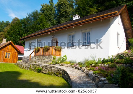 Traditional czech house/cottage at village nearby forest painted on white in mid summer