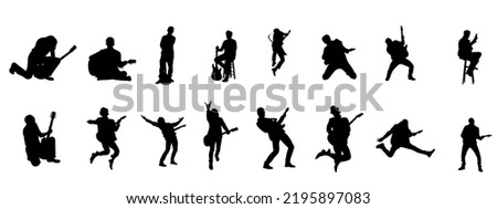 vector collection of silhouettes of people playing guitar.  guitar, silhouette, player, play, man, guitarist, vector, music, acoustic, rock, musician, rocker, electric, punk, human, character