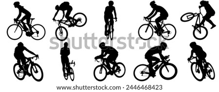 cyclist vector icon. collection of silhouettes of people cycling in different positions. bike, cycle, cyclist, ride, vector, bicycle, man, icon, people, illustration, woman, girl, boy, mountain