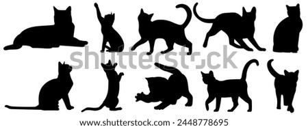 cat silhouette vector illustration collection.  black silhouette on a white background showing various cat poses.  ideal for pet themed designs