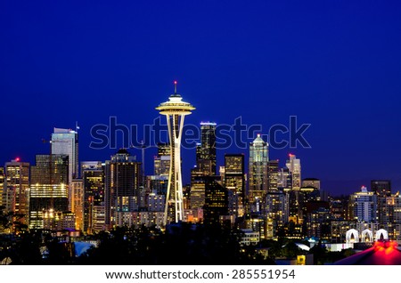 Seattle skylines in blue hour, the view from Kerry Park in Queen Anne Hill, Seattle, Washington State, USA.