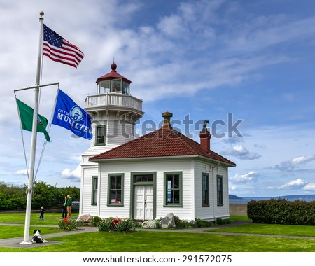 WASHINGTON, WA - APR 12, 2015 - Mukilteo Lighthouse at Mukilteo, Washington State, USA. It\'s a State Coastal Lighthouse (nautical beacon), has built in 1906.