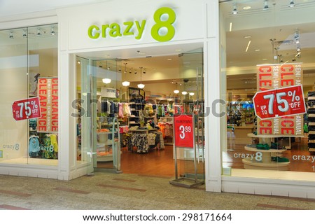 WASHINGTON, US - JULY 19, 2015: Crazy 8 clothing store in Southcenter Shopping Mall Tukwila. This is the children\'s apparel chain also selling sleepwear, shoes & accessories, plus school uniforms
