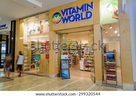 WASHINGTON, US - JULY 19, 2015: Vitamin World pharmacy store in Southcenter Shopping Mall Tukwila. According to studies, North America and Asia lead vitamin and supplement usage in the world.