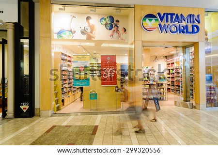 WASHINGTON, US - JULY 19, 2015: Vitamin World pharmacy store in Southcenter Shopping Mall Tukwila. According to studies, North America and Asia lead vitamin and supplement usage in the world.