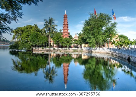 Tran Quoc pagoda in early morning in Hanoi, Vietnam. This pagoda is located on a small island near the southeastern shore of West Lake. This is the oldest Buddhist temple in Hanoi.