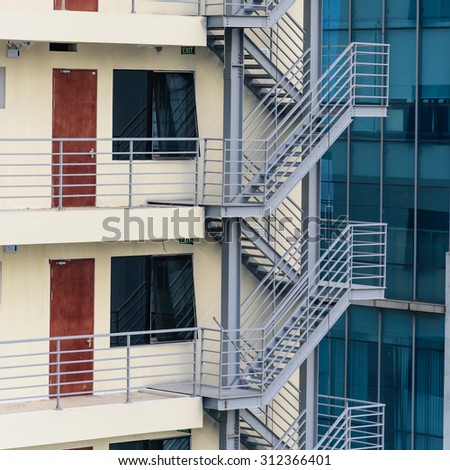 Fire escape, emergency fire stair on metal staircase of a new building in Hanoi, Vietnam