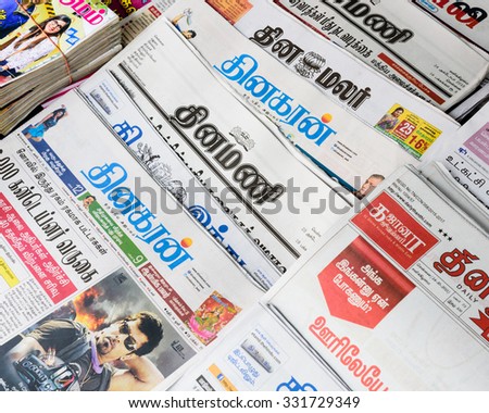 SINGAPORE â?? OCT 26, 2015: Close-up, full frame view of Indian magazines on display at the roadside of Little India in Singapore