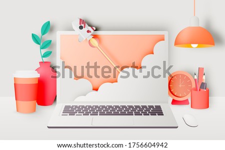 Laptop on the desk with rocket in the house for work from home with pastel and paper art vector illustration