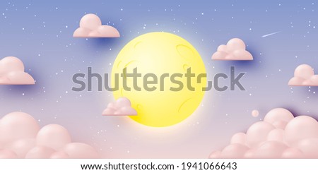 Full moon with starry night background in paper 3d art style and pastel color scheme vector illustration